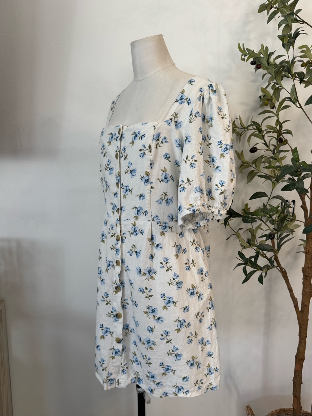 Old Navy Blue Floral Linen Blend Mini Dress XL Cottagecore Puff Sleeve Dress - Picture 3 of 6